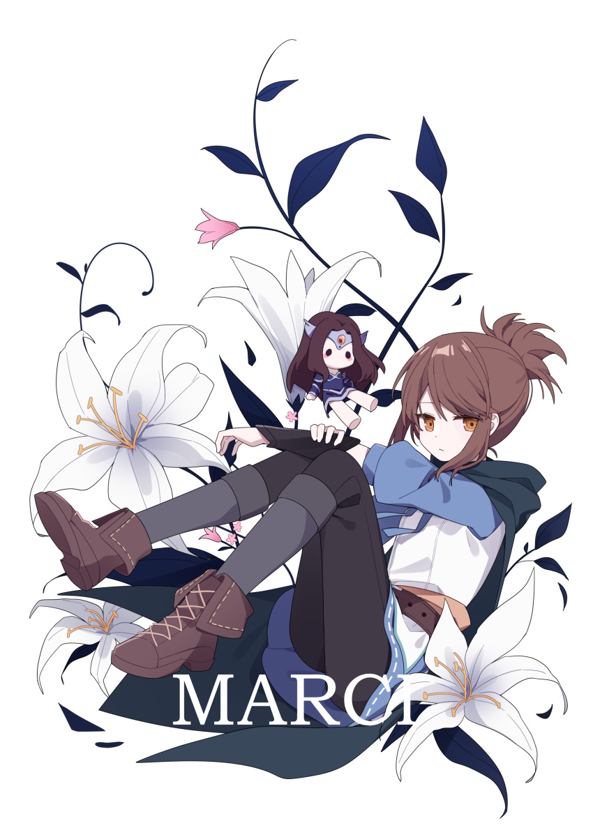 1girl, absurdres, bangs, black_pants, boots, brown_eyes, brown_footwear, brown_hair, cape, character_name, closed_mouth, defense_of_the_ancients, doll, dota_2, flower, full_body, gauntlets, gla, green_cape, highres, looking_at_viewer, marci_(defense_of_the_ancients), mirana_nightshade, pants, shirt, short_ponytail, simple_background, sleeves_past_elbows, solo, white_background, white_flower, white_shirt