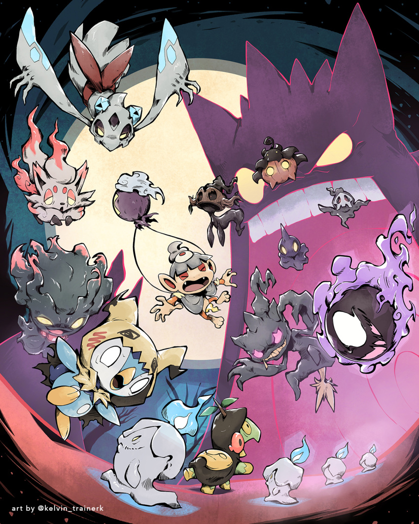 banette, blue_fire, carrying, chimchar, commentary, cosplay, drifloon, dusclops