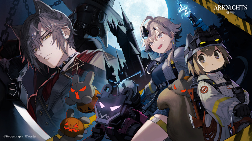 1boy, 2girls, :d, absurdres, ahoge, animal_ears, arknights, bangs