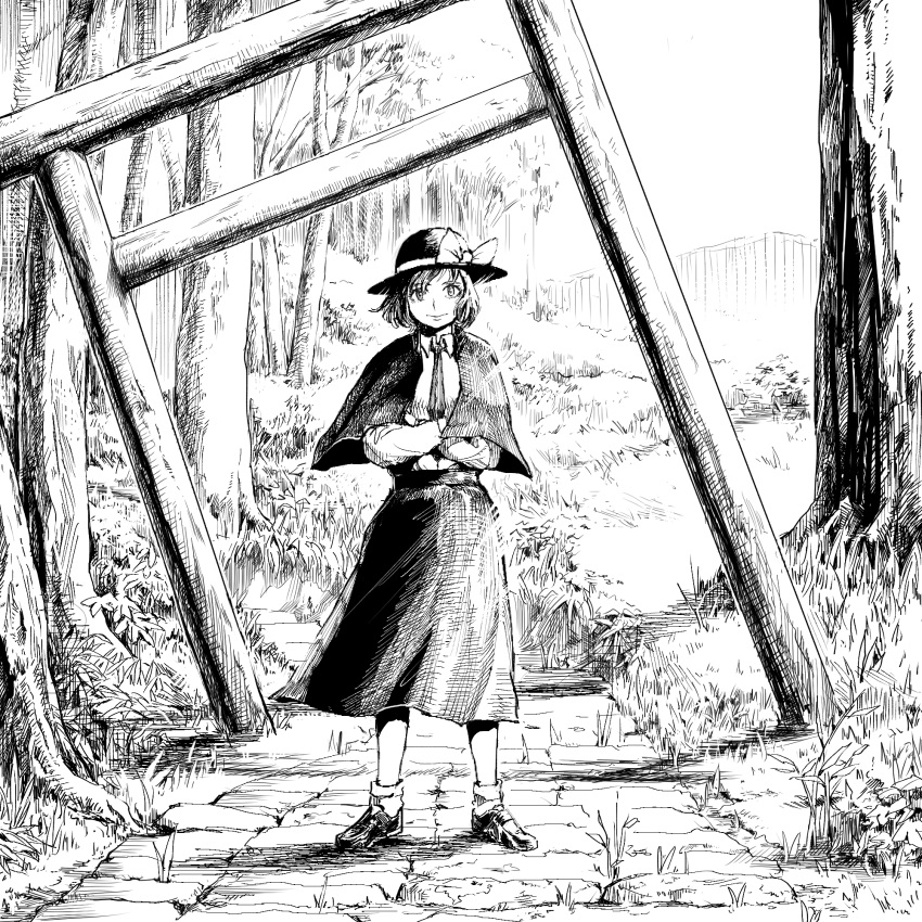 1girl, black_capelet, bow, capelet, crossed_arms, fedora, full_body, grass