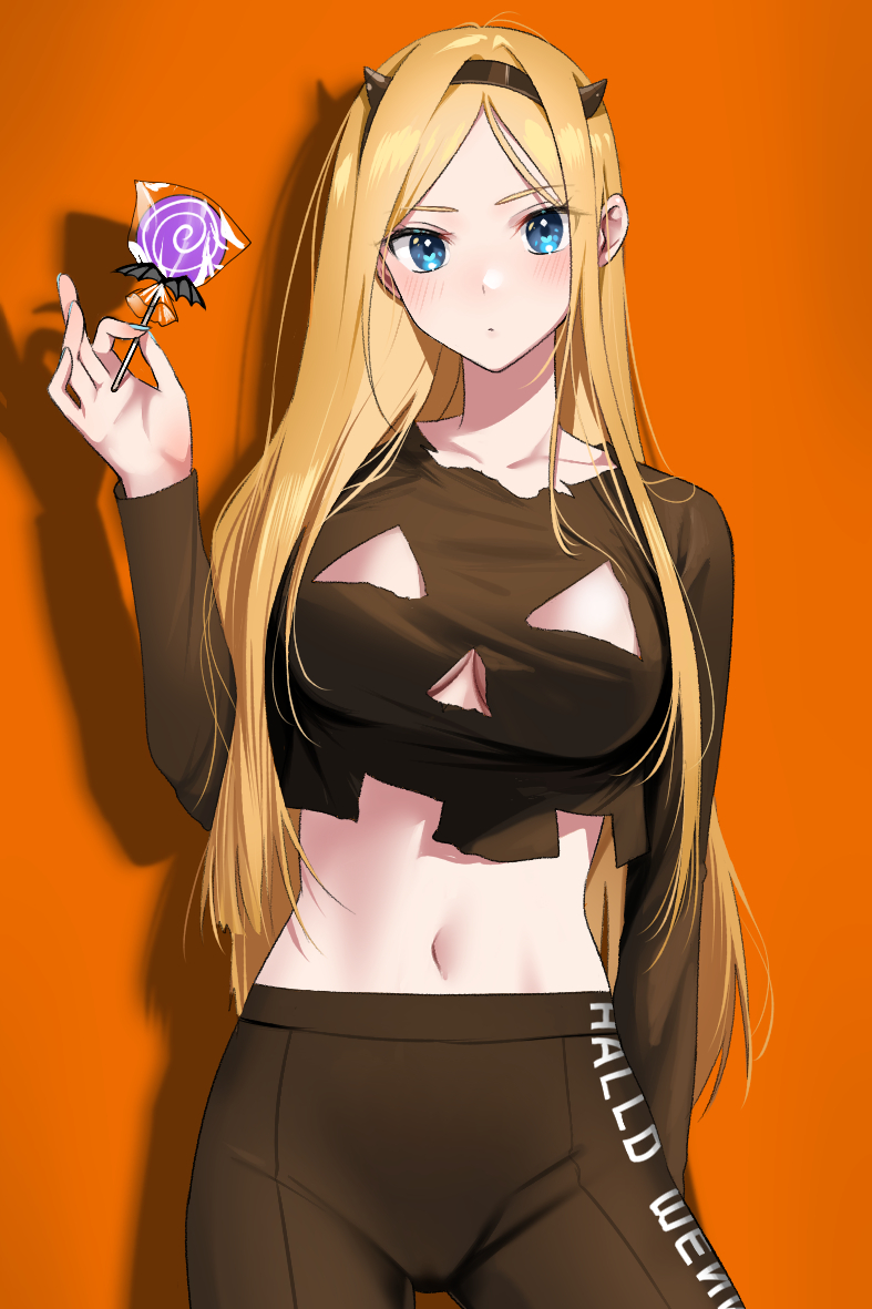 1girl, bangs, black_hairband, black_shirt, blonde_hair, blue_eyes, blush, breasts