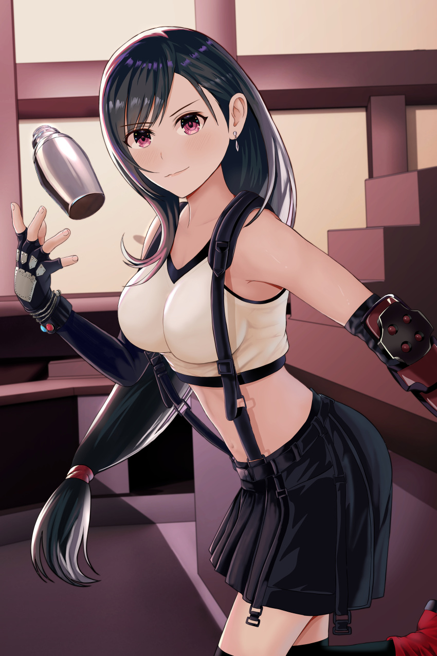 1girl, absurdres, bar, black_hair, black_legwear, black_skirt, bracer, breasts