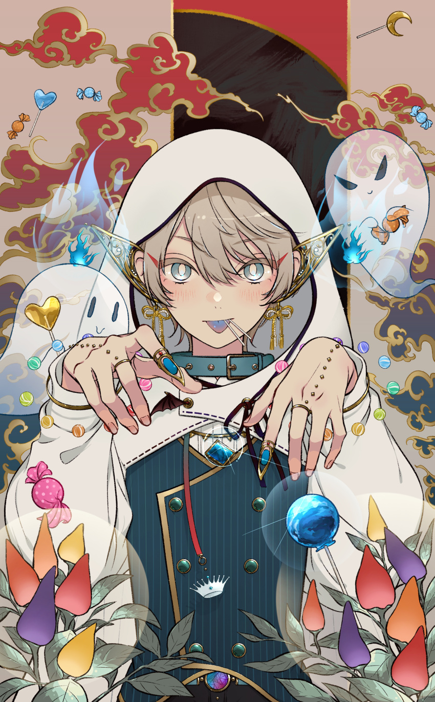 1boy, absurdres, bangs, blue_menouu, blush, candy, collar, eyebrows_visible_through_hair