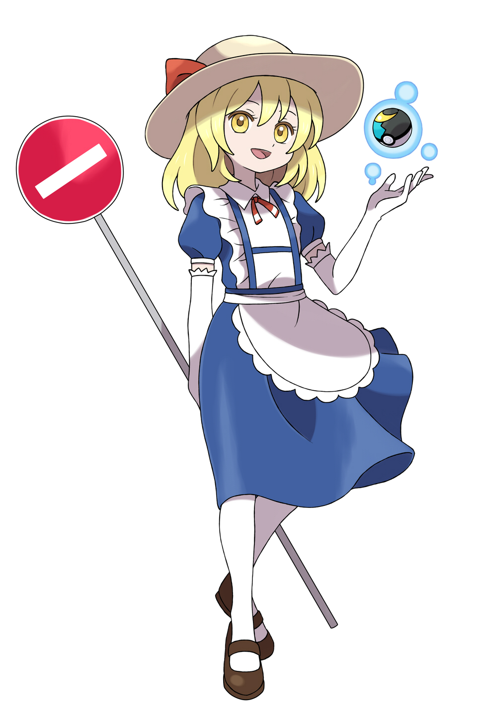 apron, asatsuki_(fgfff), blonde_hair, blue_dress, bow, brown_footwear, dress, elbow_gloves