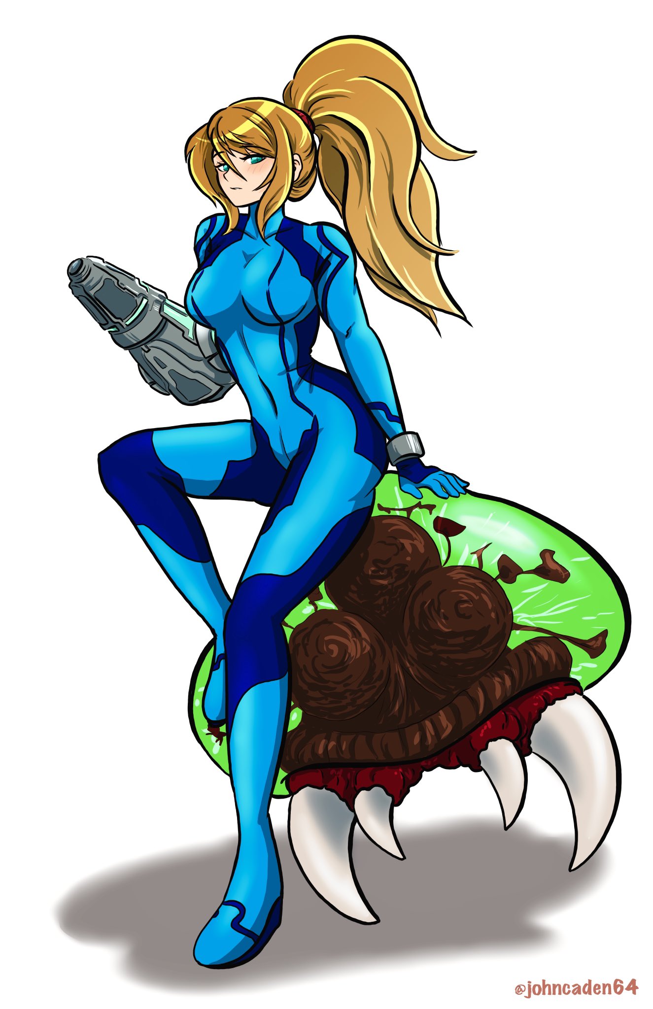 1girl, arm_cannon, bangs, blonde_hair, blue_eyes, breasts, glowing, gun