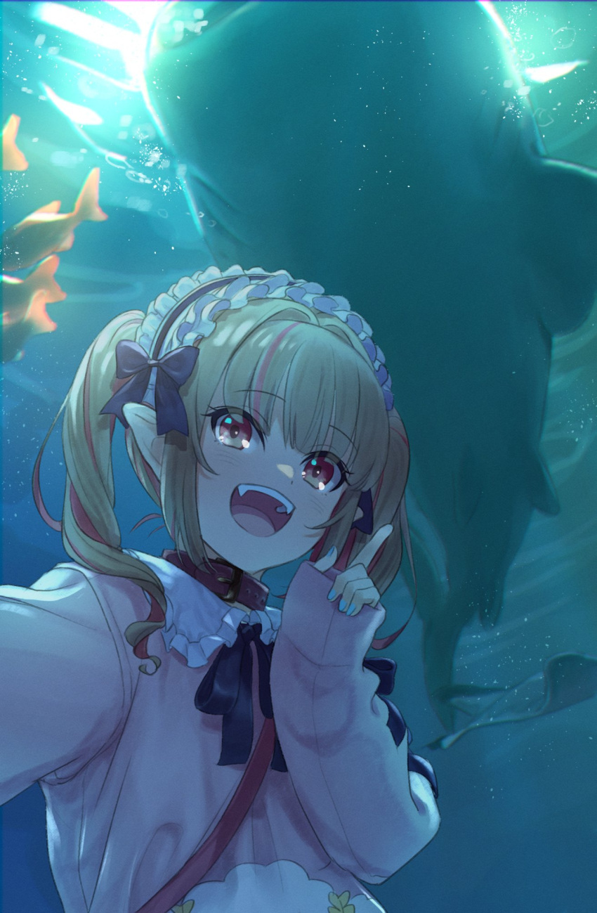 1girl, air_bubble, animal, aqua_nails, aquarium, black_ribbon, blue_theme, bubble