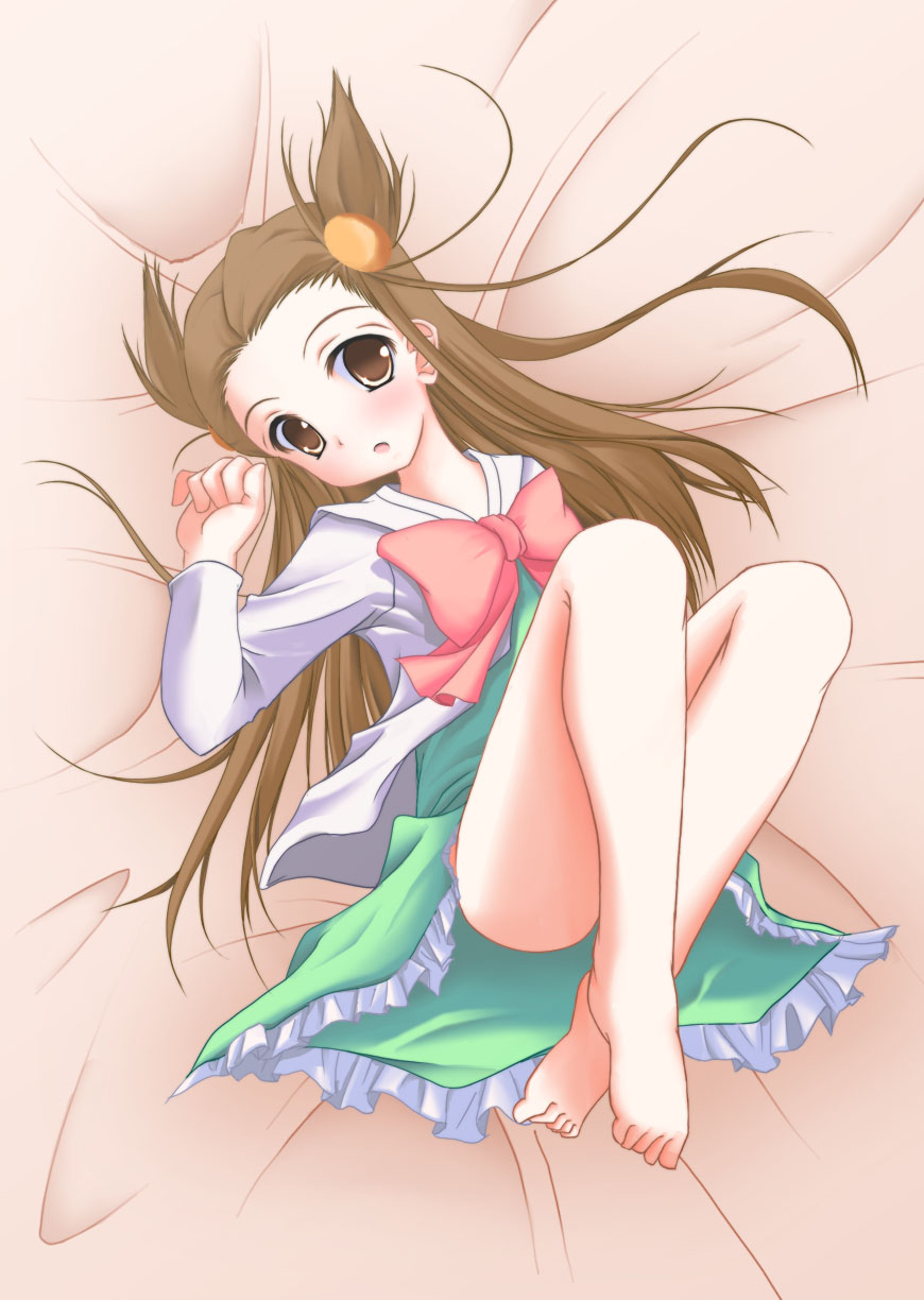 barefoot, bed, bed_sheet, brown_eyes, brown_hair, dress, feet, griefwear, hair_ribbon, highres, long_hair, mikan_(pokemon), on_back, open_mouth, pokemon, pokemon_(game), pokemon_gsc, ribbon, solo, twintails