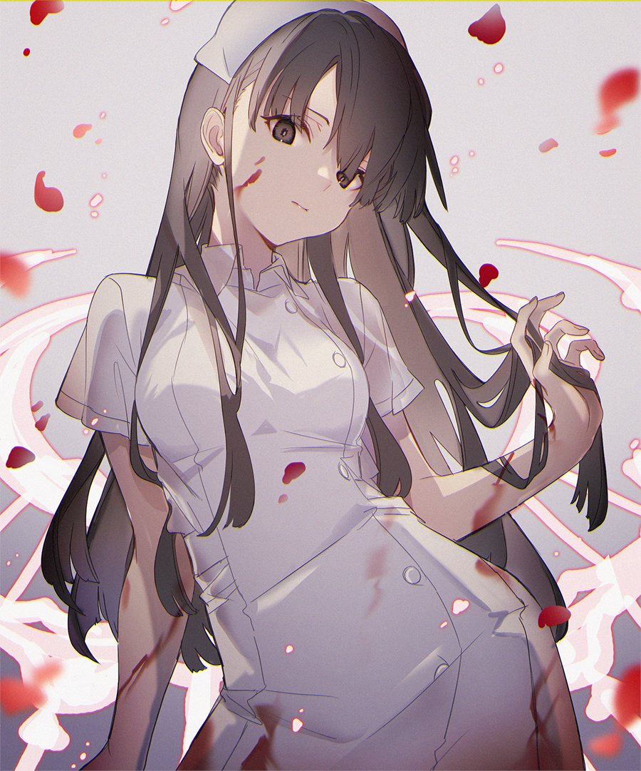 1girl, black_eyes, black_hair, blood, blood_on_clothes, blood_on_face, blood_splatter, closed_mouth, hand_in_hair, hat, kina_(446964), long_hair, nurse, nurse_cap, petals, reality_arc_(sinoalice), rose_petals, serious, sidelocks, simple_background, sinoalice, snow_white_(sinoalice), solo, solo_focus
