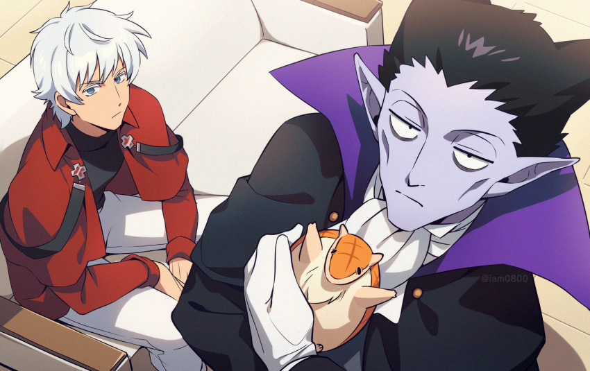 2boys, animal, armadillo, asada_hachi, ascot, bangs, banned_artist, black_hair