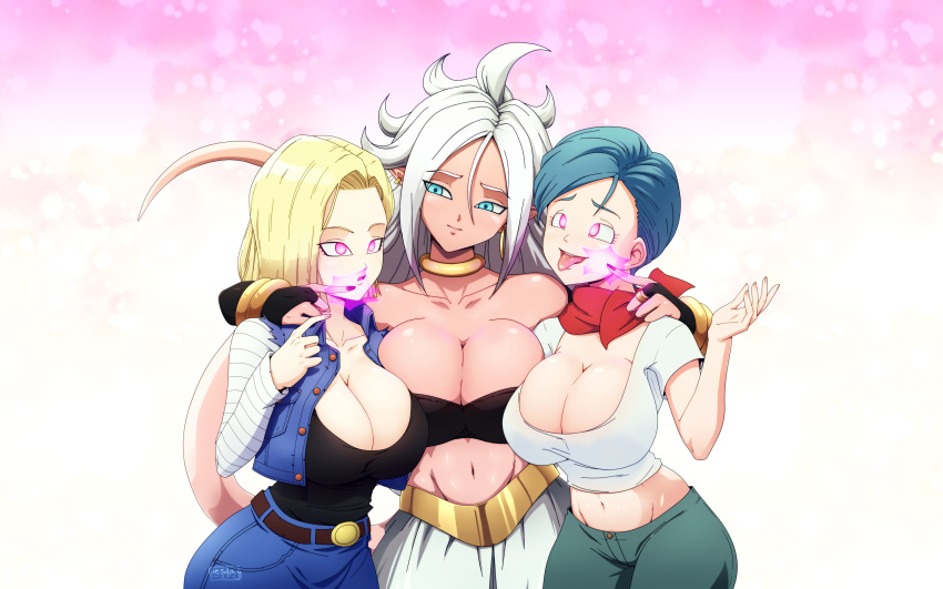 3girls, absurdres, android_18, android_21, black_tube_top, blonde_hair, blue_hair, blush