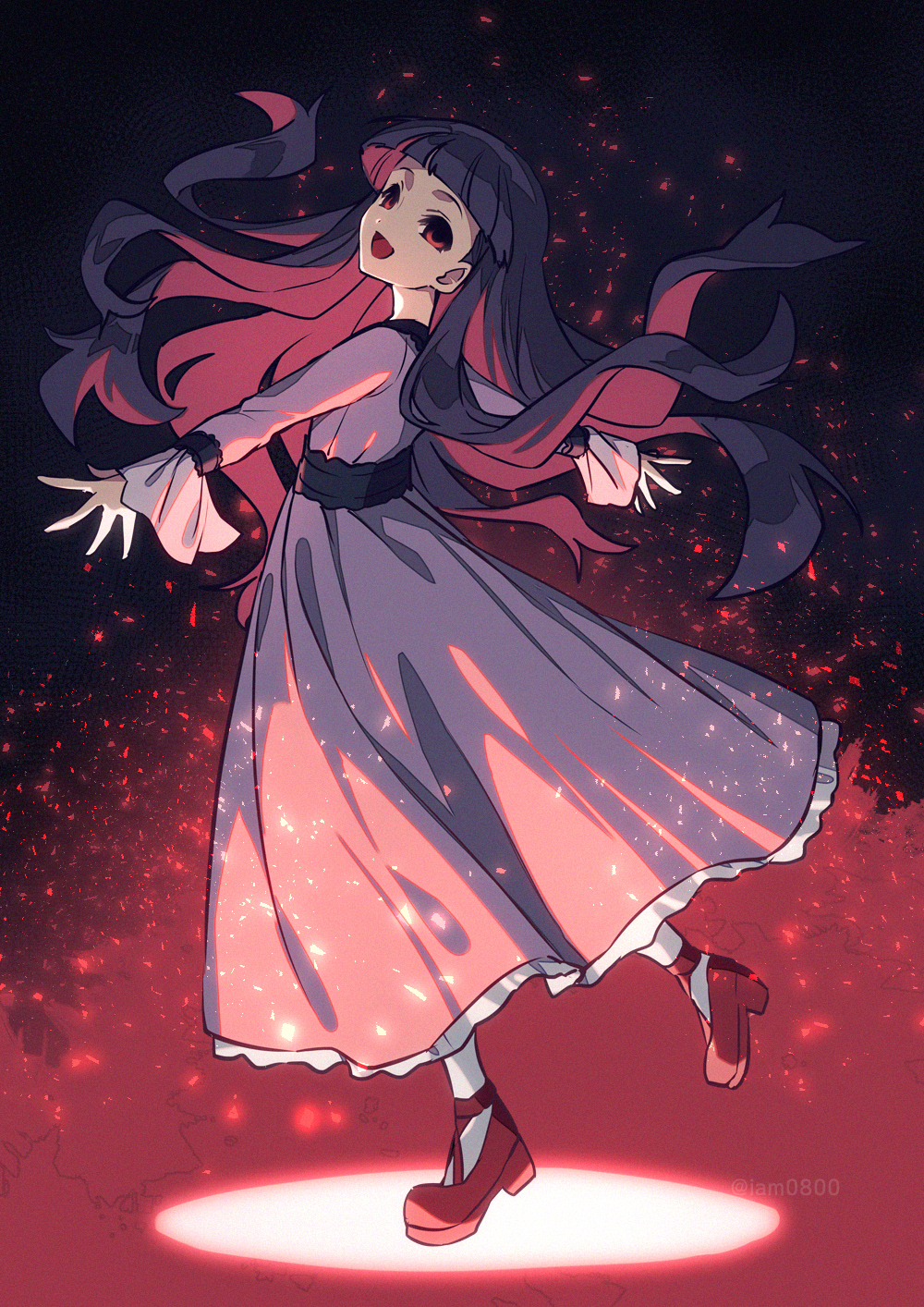 1girl, :d, asada_hachi, bangs, banned_artist, black_sash, blunt_bangs, commentary_request, dress, floating_hair, full_body, glowing, gradient, gradient_background, happy, highres, kirishiki_sunako, leg_up, long_hair, long_sleeves, looking_at_viewer, open_mouth, outstretched_arms, purple_dress, purple_hair, red_eyes, red_footwear, sash, shiki, shoes, smile, solo, standing, twitter_username, very_long_hair, watermark, white_legwear