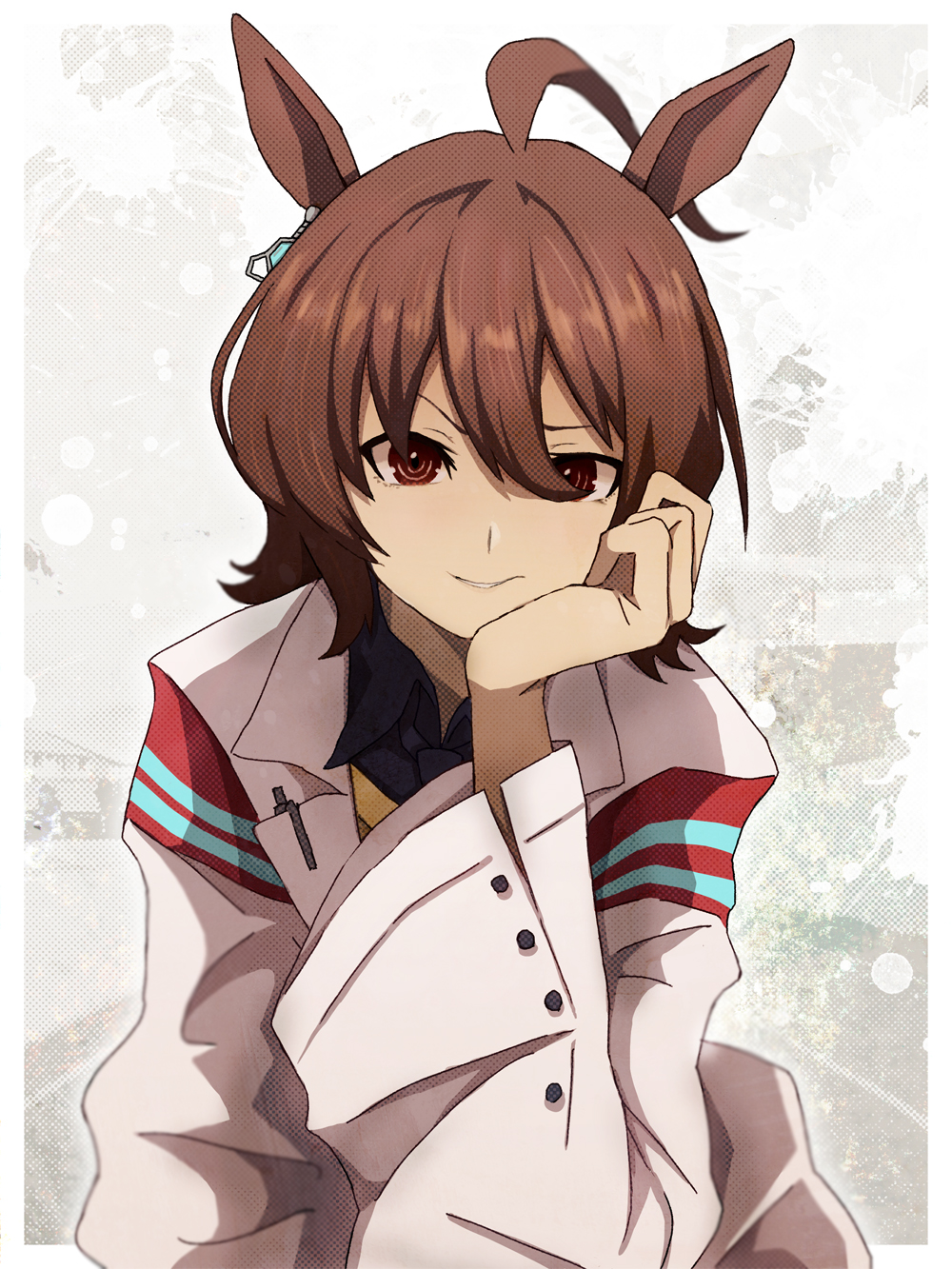 1girl, agnes_tachyon_(umamusume), ahoge, animal_ears, black_necktie, black_shirt, border, brown_eyes