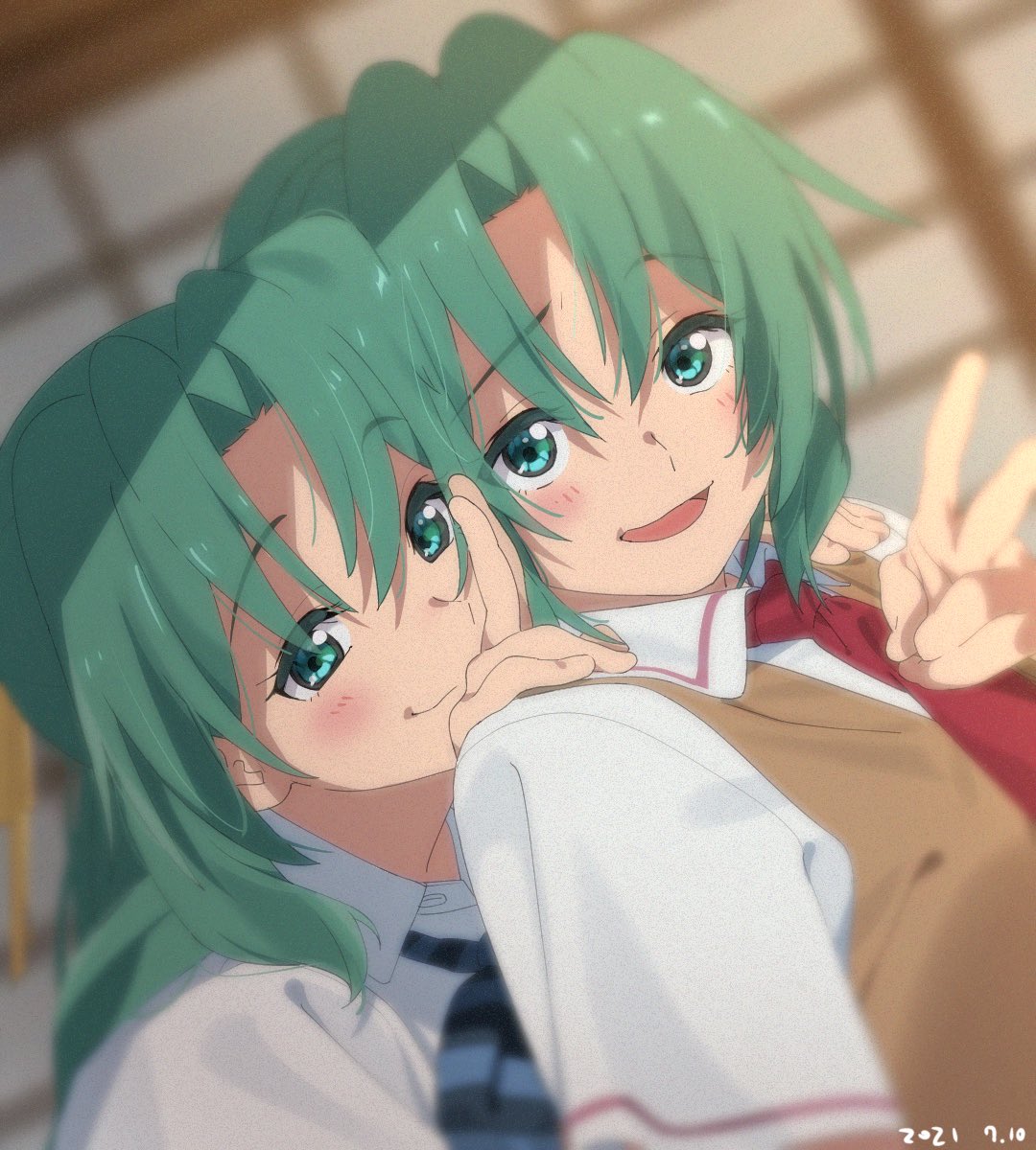 2girls, aru_aru, blush, closed_mouth, dated, green_eyes, green_hair, highres