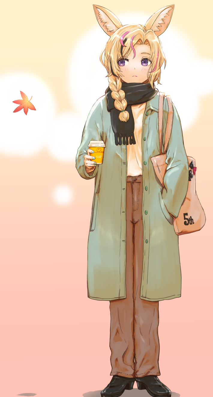 1girl, alternate_costume, animal_ears, asymmetrical_hair, bag, bangs, black_footwear, black_hair, black_scarf, blonde_hair, blush, braid, braided_ponytail, brown_pants, closed_mouth, coat, coffee_cup, cup, disposable_cup, etomina, fox_ears, full_body, gradient, gradient_background, green_coat, hair_over_shoulder, hand_in_pocket, handbag, high_heels, highres, holding, holding_cup, hololive, leaf, looking_to_the_side, maple_leaf, medium_hair, multicolored_hair, omaru_polka, open_clothes, open_coat, orange_background, pants, parted_bangs, pink_background, pink_hair, scarf, shirt, shirt_tucked_in, shoes, simple_background, solo, steam, streaked_hair, violet_eyes, virtual_youtuber, white_shirt