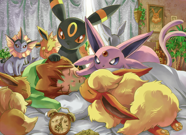 1boy, alarm_clock, bed, brown_hair, clock, closed_eyes, eevee, espeon, flareon, gears, glaceon, jolteon, leafeon, nightcap, picture, pokemon, pokemon_(creature), sen_pic, sleeping, sonezaki_masaki, umbreon, vaporeon
