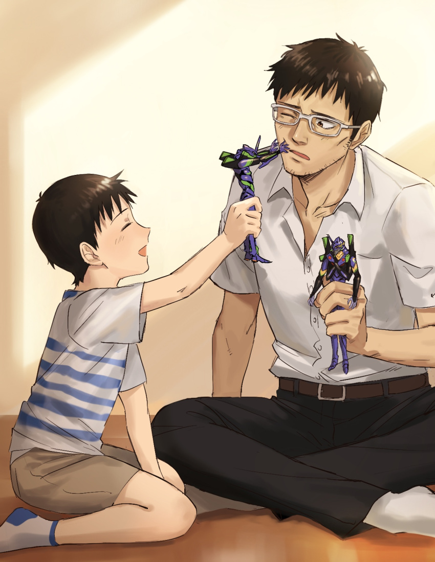 2boys, belt, brown_eyes, eva_01, eva_13, father_and_son, glasses, highres