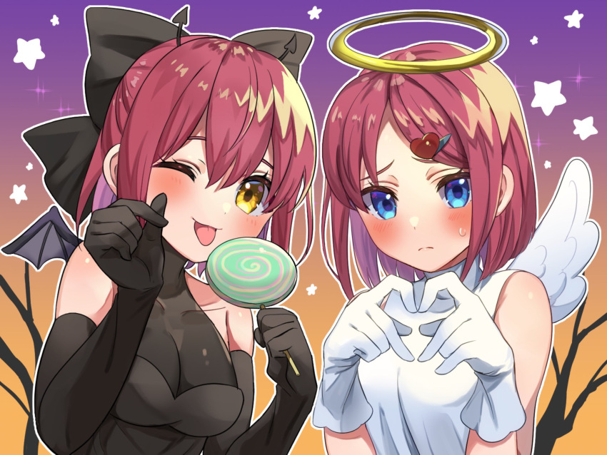 2girls, ;p, alternate_costume, alternate_hairstyle, angel, angel_costume, angel_wings, bangs