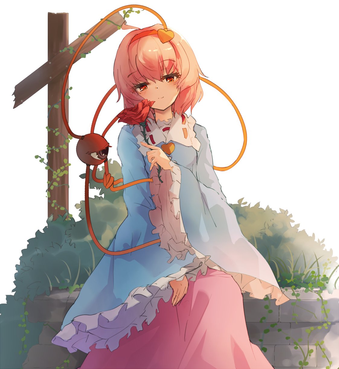 1girl, bangs, blue_shirt, blush, bush, dot_nose, fen_zuo, flower, frilled_sleeves, frills, hairband, highres, holding, holding_flower, holding_rose, komeiji_satori, long_sleeves, pink_eyes, pink_hair, pink_skirt, plant, ribbon-trimmed_collar, ribbon_trim, shirt, short_hair, sitting, skirt, smile, solo, string, third_eye, touhou, upper_body, vines, wide_sleeves, yellow_hairband