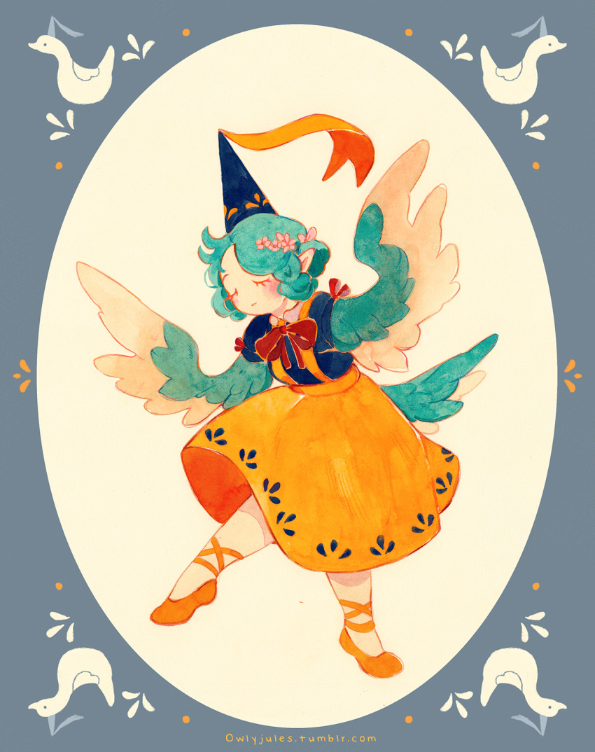 ._., 1girl, ankle_lace-up, aqua_hair, aqua_wings, ballet, ballet_slippers, bangs, beige_background, bird, bird_girl, bird_tail, bird_wings, blue_border, blue_headwear, blue_wings, blush, border, bow, bowtie, closed_mouth, cross-laced_footwear, curly_hair, dancing, english_commentary, facing_viewer, feathered_wings, flower, footwear_ribbon, framed, from_side, full_body, hair_flower, hair_ornament, hat, hat_ribbon, hennin, high-waist_skirt, highres, leg_up, legs_apart, light_smile, long_skirt, mixed_media, monster_girl, no_nose, original, outstretched_arms, owlyjules, painting_(medium), parted_bangs, pink_flower, pointy_ears, print_headwear, print_skirt, red_bow, red_bowtie, red_ribbon, ribbon, short_hair, simple_background, skirt, solo, spread_arms, spread_wings, standing, suspender_skirt, suspenders, tail, traditional_media, two-tone_wings, u_u, watercolor_(medium), web_address, winged_arms, wings, yellow_footwear, yellow_ribbon, yellow_skirt