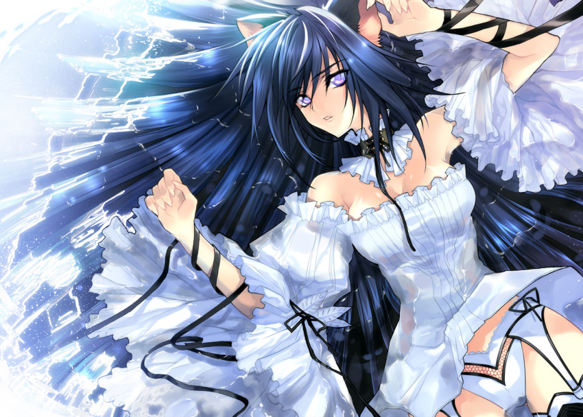 bad_id, bare_shoulders, blue_hair, breasts, cat_ears, collar, creayus, garter_belt