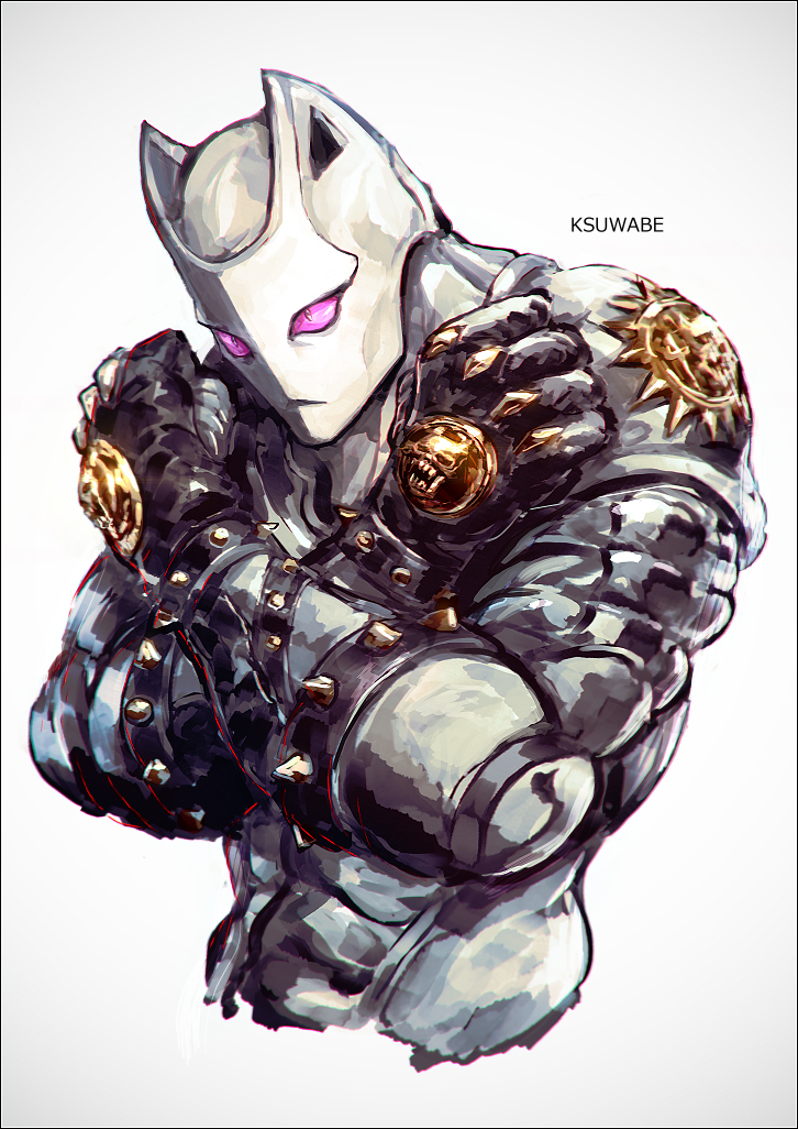 1other, animal_ears, cat_ears, closed_mouth, diamond_wa_kudakenai, expressionless, gloves, jojo_no_kimyou_na_bouken, k-suwabe, killer_queen, knuckle_badge, no_humans, simple_background, slit_pupils, solo, spikes, stand_(jojo), violet_eyes, white_background