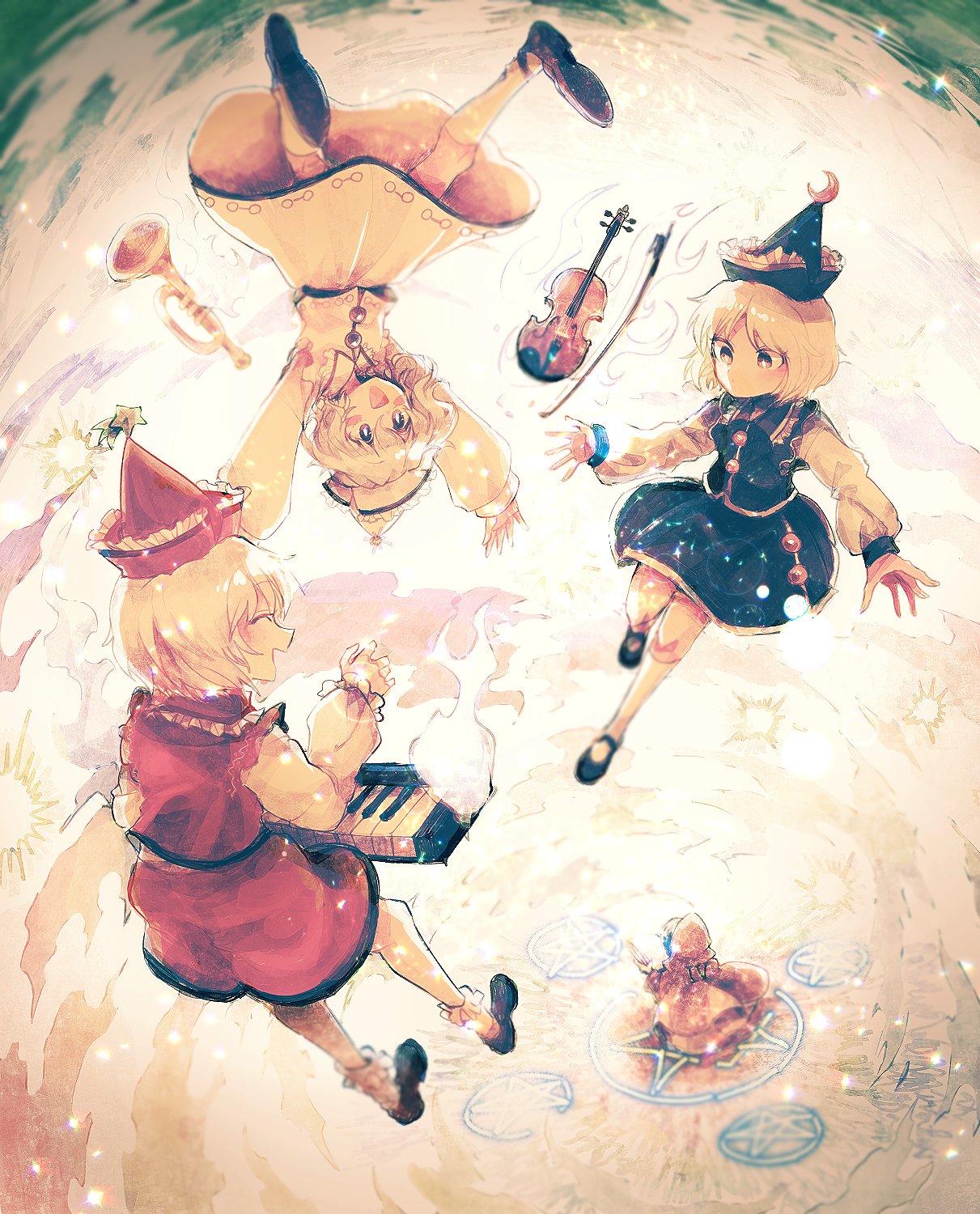 3girls, bangs, black_headwear, blonde_hair, blush, closed_eyes, closed_mouth, crescent