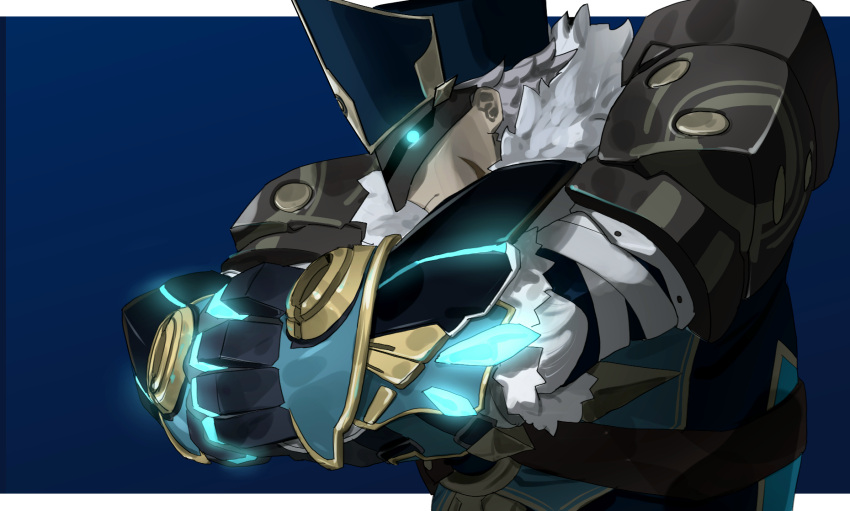 1boy, anemoboxer_vanguard_(genshin_impact), armor, blue_background, blue_gloves, blue_headwear, border, colored_skin, fighting_stance, from_side, fur-trimmed_gloves, fur_trim, gauntlets, genshin_impact, gloves, glowing, glowing_eye, grey_hair, grey_skin, hat, highres, letterboxed, looking_to_the_side, male_focus, mask, mitre, mitsubamushi_coreless, muscular, muscular_male, outside_border, pauldrons, scar, scar_on_face, shoulder_armor, solo, upper_body, white_border