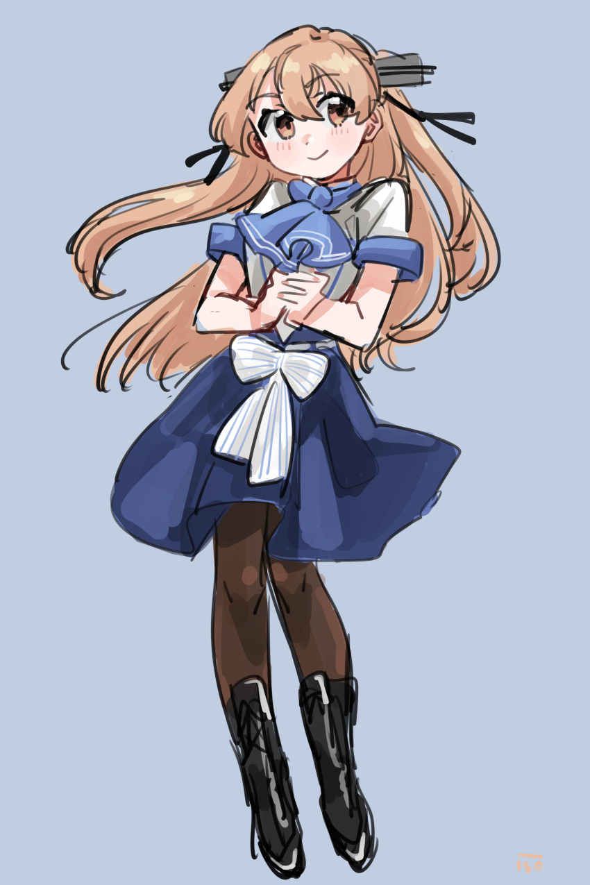 1girl, absurdres, black_footwear, black_legwear, blue_bow, blue_skirt, blush, bow