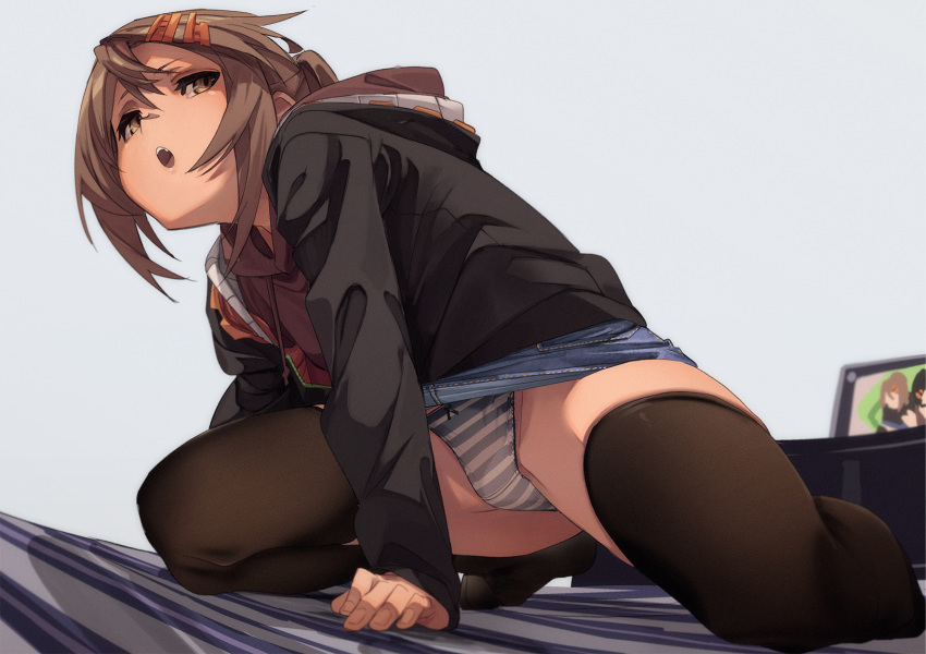 1girl, bed, black_legwear, brown_eyes, brown_hair, denim, denim_skirt, eyebrows