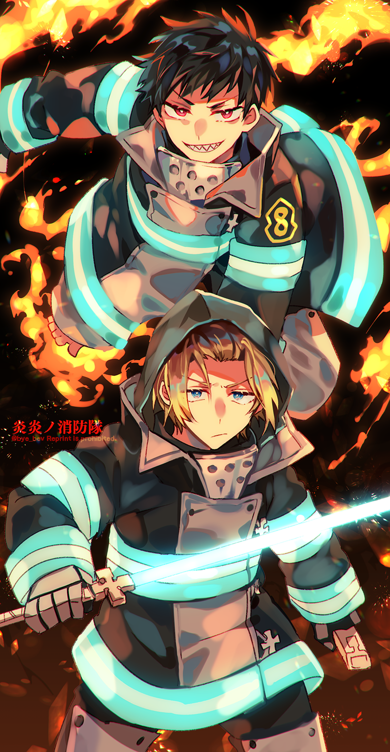 2boys, arthur_boyle, black_hair, blonde_hair, blue_eyes, en'en_no_shouboutai, fire, gloves