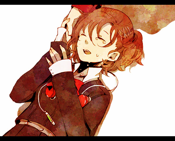 bow, canary000, closed_eyes, digital_media_player, female_protagonist_(persona_3), hair_ornament, hairpin, headphones