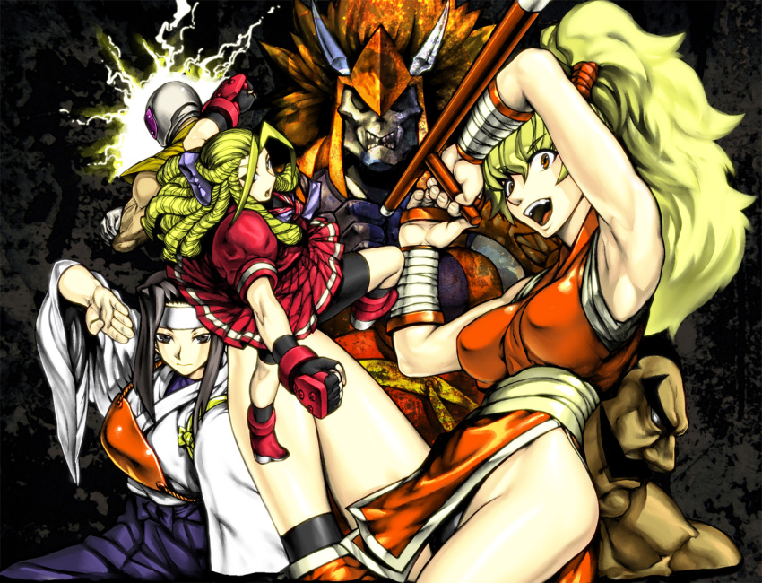 armor, bike_shorts, black_eyes, black_hair, blonde_hair, brown_eyes, capcom, character_request, darun_mister, drill_hair, final_fight, fingerless_gloves, garuda_(street_fighter), genryuusai_maki, gloves, headband, hokuto_(street_fighter), japanese_clothes, kanzuki_karin, mask, street_fighter, street_fighter_ex, street_fighter_zero