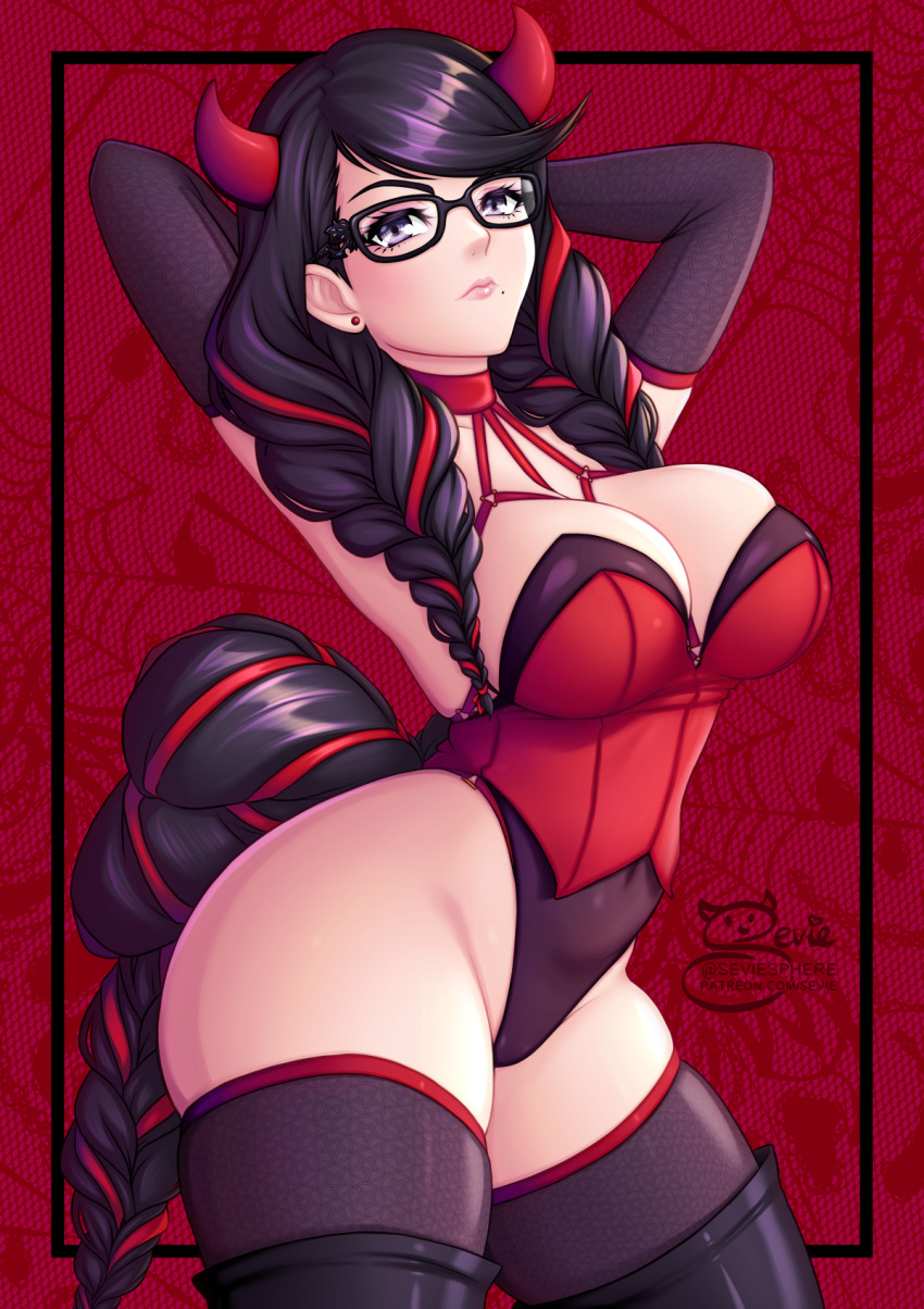 1girl, arms_behind_head, bangs, bayonetta, bayonetta_(series), black_hair, breasts, demon_costume