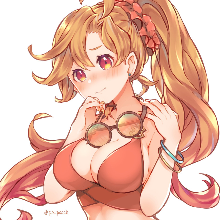 1girl, bangs, blonde_hair, blush, bracelet, breasts, closed_mouth, dragalia_lost