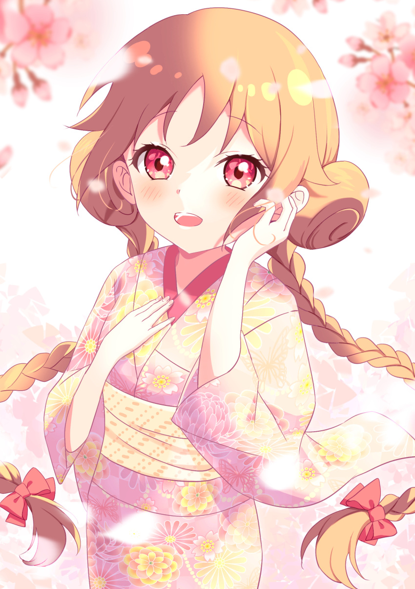 1girl, :o, blush, braid, double_bun, floral_print, flower, hand_up