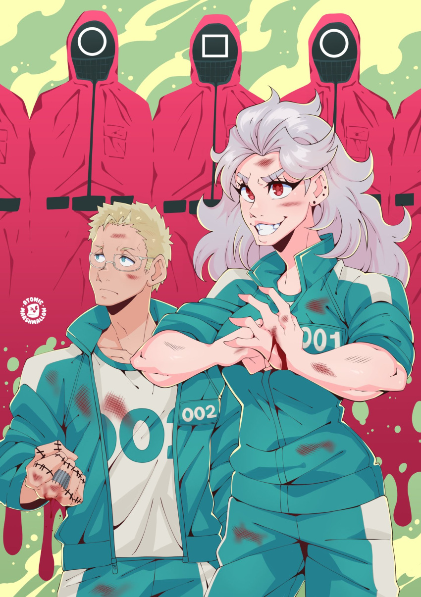 1boy, 1girl, artist_logo, artist_name, atomicmrshmallw, black_mask, blonde_hair, blood, blood_on_clothes, blood_on_face, blue_eyes, bruise, buckle, commentary, covered_face, dorohedoro, ear_piercing, english_commentary, glasses, green_jacket, grin, highres, hood, hood_up, injury, jacket, manager_(squid_game), mask, muscular, muscular_female, muscular_male, noi_(dorohedoro), piercing, pink_clothes, pink_jacket, red_eyes, shin_(dorohedoro), shirt, smile, squid_game, thick_eyebrows, track_jacket, white_hair, white_shirt, worker_(squid_game)