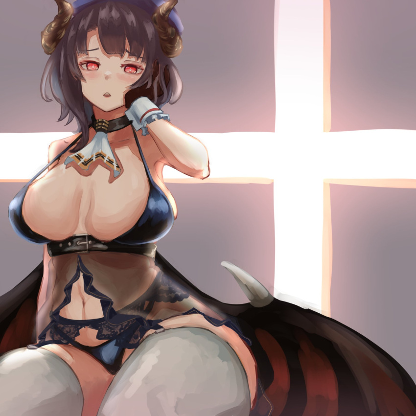 1girl, ascot, black_gloves, black_hair, black_panties, breasts, demon_horns, demon_wings