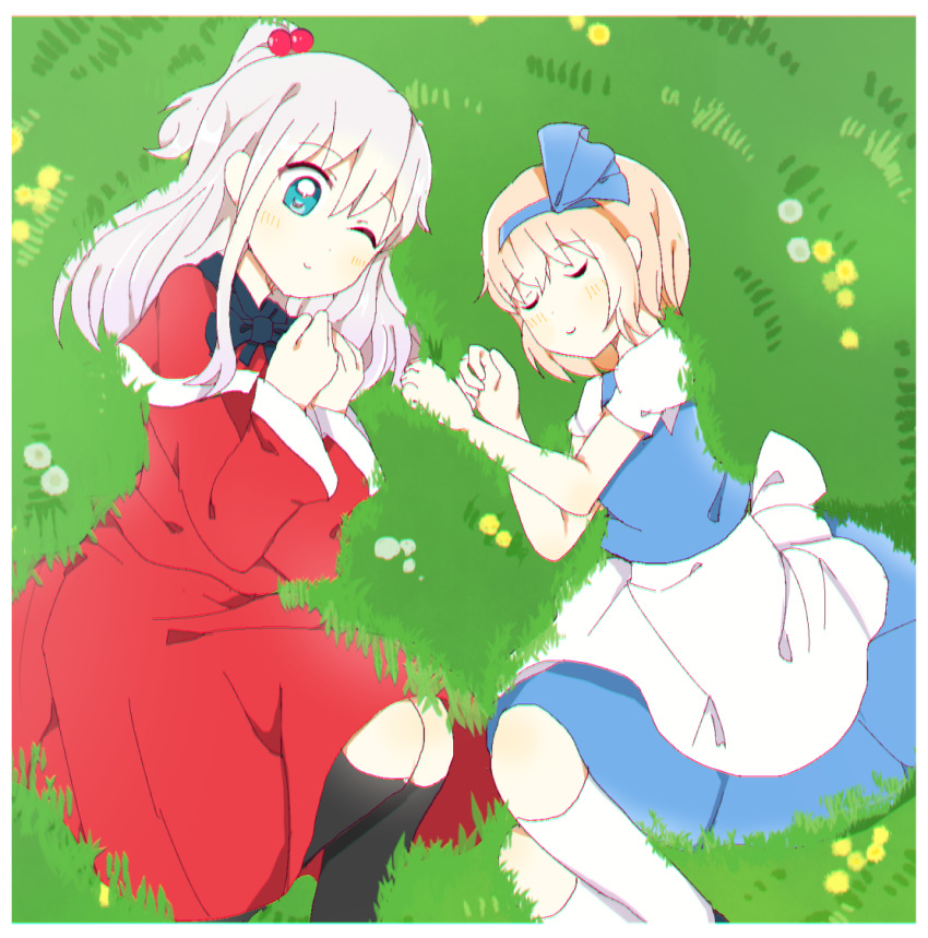 2girls, alice_margatroid, alice_margatroid_(pc-98), black_bow, black_footwear, black_legwear, blonde_hair, blue_bow