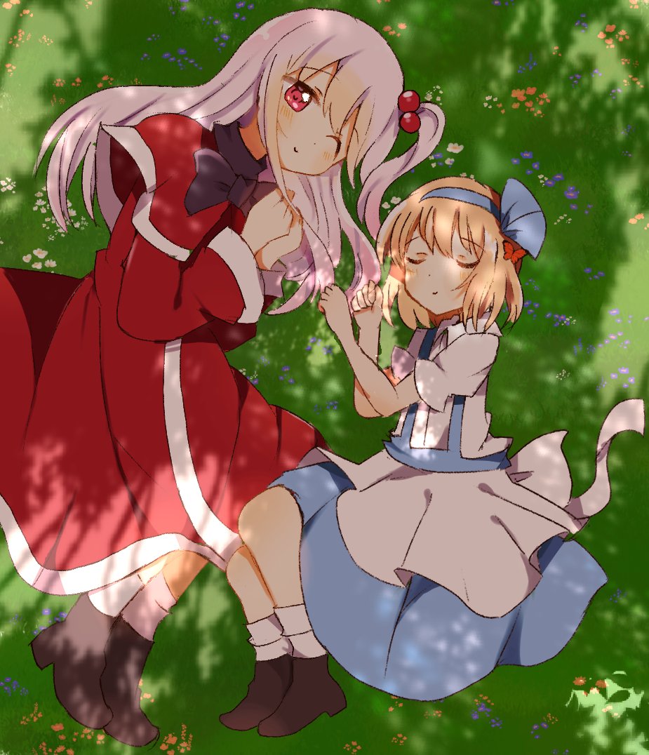 2girls, alice_margatroid, alice_margatroid_(pc-98), black_bow, black_footwear, blonde_hair, blue_bow, blue_skirt
