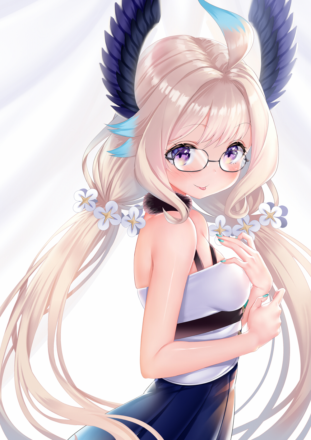 bangs, black_choker, black_skirt, blonde_hair, blush, breasts, camisole, choker