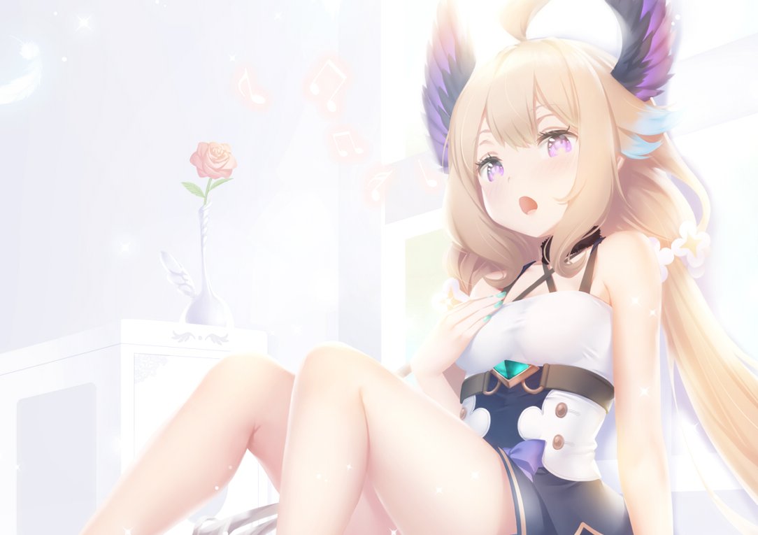 :o, bangs, blue_hair, breasts, dress, enna_alouette, eyebrows_behind_hair, flower