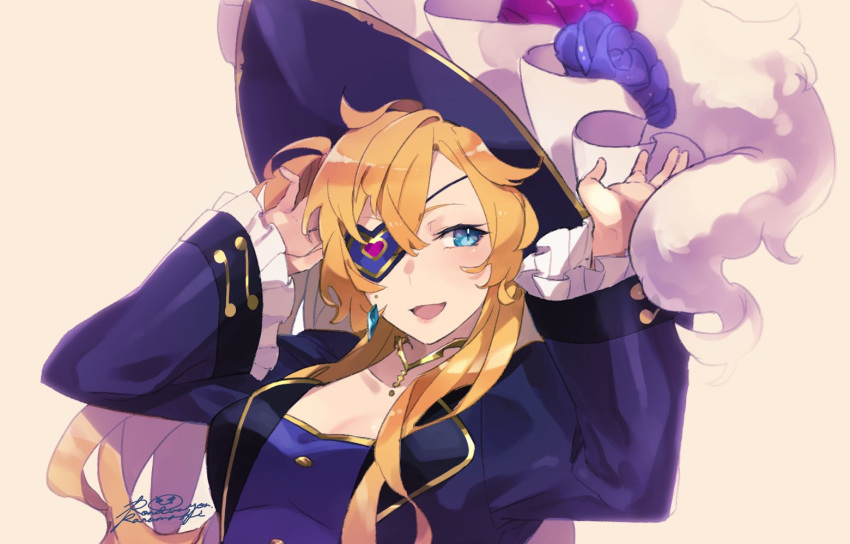 1girl, alternate_costume, bangs, blue_eyes, breasts, dragalia_lost, eyepatch, flower_on_hat
