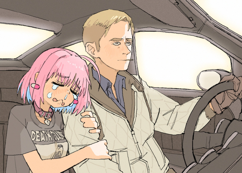 ahoge, animal_collar, car, cigarette, collar, collared_shirt, crying, death_grips
