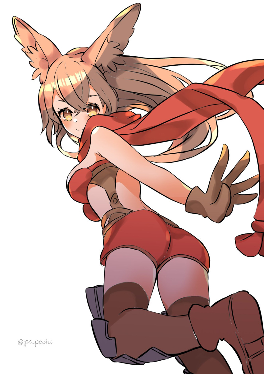 1girl, animal_ears, ass, back_turned, bangs, breasts, brown_eyes, brown_hair, dragalia_lost, gloves, highres, long_hair, looking_at_viewer, medium_breasts, mukatsukupochi, rabbit_ears, renelle, scarf, shorts, solo, thigh-highs