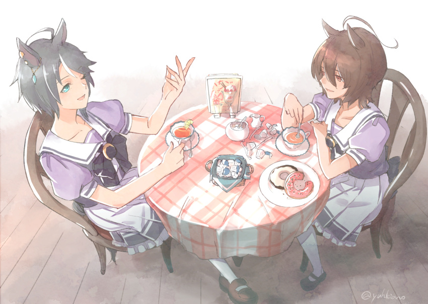 2girls, agnes_tachyon_(umamusume), ahoge, aqua_eyes, bangs, black_hair, bow, bowtie