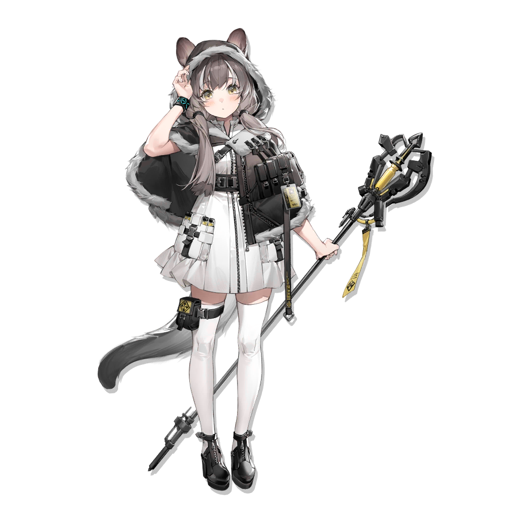 1girl, animal_ears, arknights, arm_up, bangs, belt, black_belt, black_capelet, black_footwear, blush, capelet, dress, full_body, fur-trimmed_capelet, fur_trim, grey_eyes, grey_hair, holding, holding_staff, honeyberry_(arknights), hood, hooded_capelet, infection_monitor_(arknights), liyu_li, long_hair, looking_at_viewer, low_twintails, official_art, pouch, shoes, short_dress, solo, staff, standing, tail, thigh-highs, thigh_strap, transparent_background, twintails, white_dress, white_legwear, zettai_ryouiki