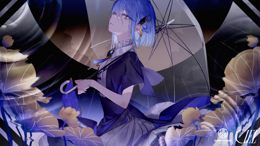 1girl, bangs, black_dress, blue_hair, breasts, ciel_(kamitsubaki_studio), closed_mouth, collar