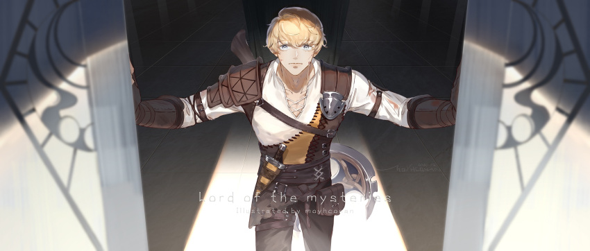 1boy, armor, axe, bangs, blonde_hair, blue_eyes, brown_legwear, chinese_commentary