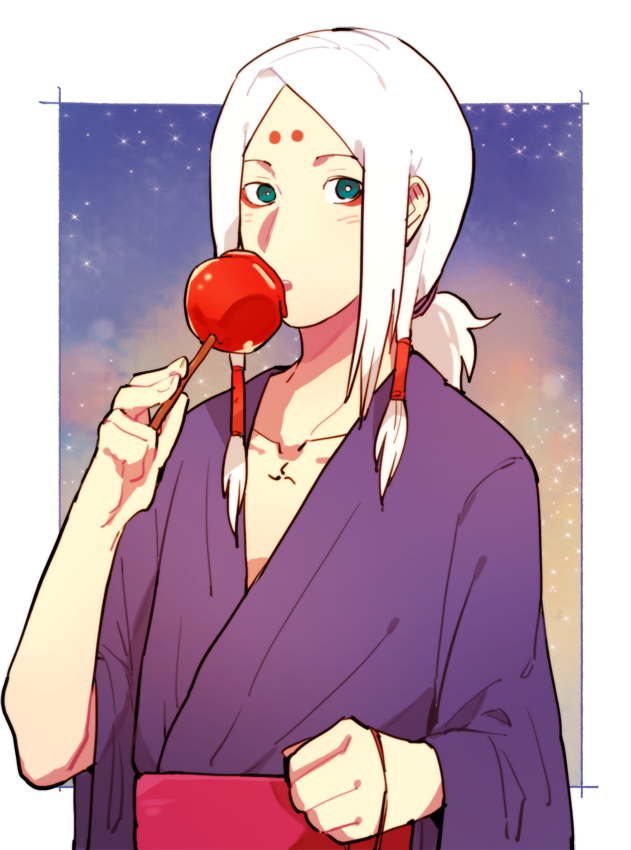 1boy, :o, border, candy_apple, facepaint, facial_mark, food, forehead