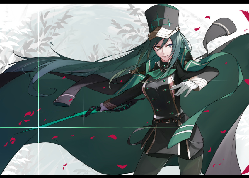 1girl, alchemy_stars, ascot, black_headwear, breasts, closed_mouth, gloves, green_ascot